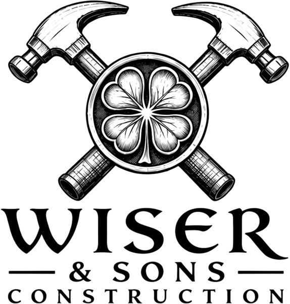 Wiser & Sons Construction logo with crossed hammers and a clover medallion